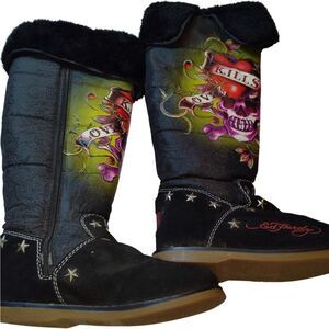 Ed Hardy NEW Knee High Fur Lined Boots Black Skull - Size 7 WOW!!!